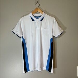 XRAY JEANS Mens Large White Blue Colorblock Stretch Cotton Short Sleeve Polo